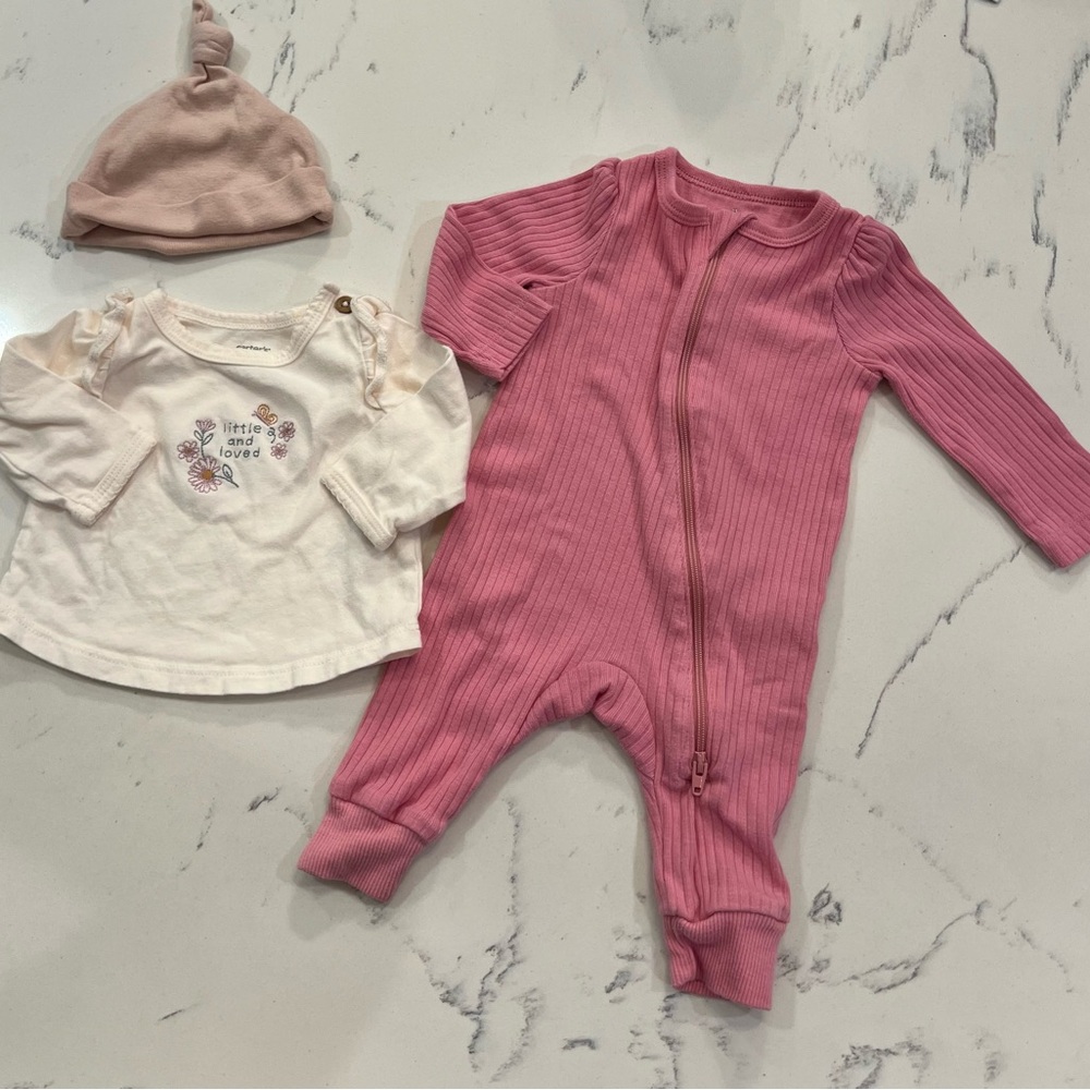 Carter's Pink Ribbed One Piece with Hat